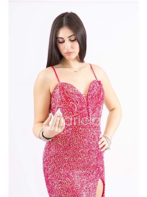 Abito a sirena  lungo con strass e spacco frontale MARICLA ELEGANCE | FP578111FUCSIA